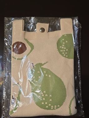 2026 New Cute Cartoon Simple Beige Knitted Handbag / Pouch with Green Pear Motif